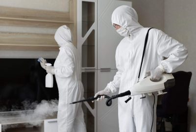 Certified biohazard cleanup specialist using protective gear during a forensic cleaning in Hapeville GA