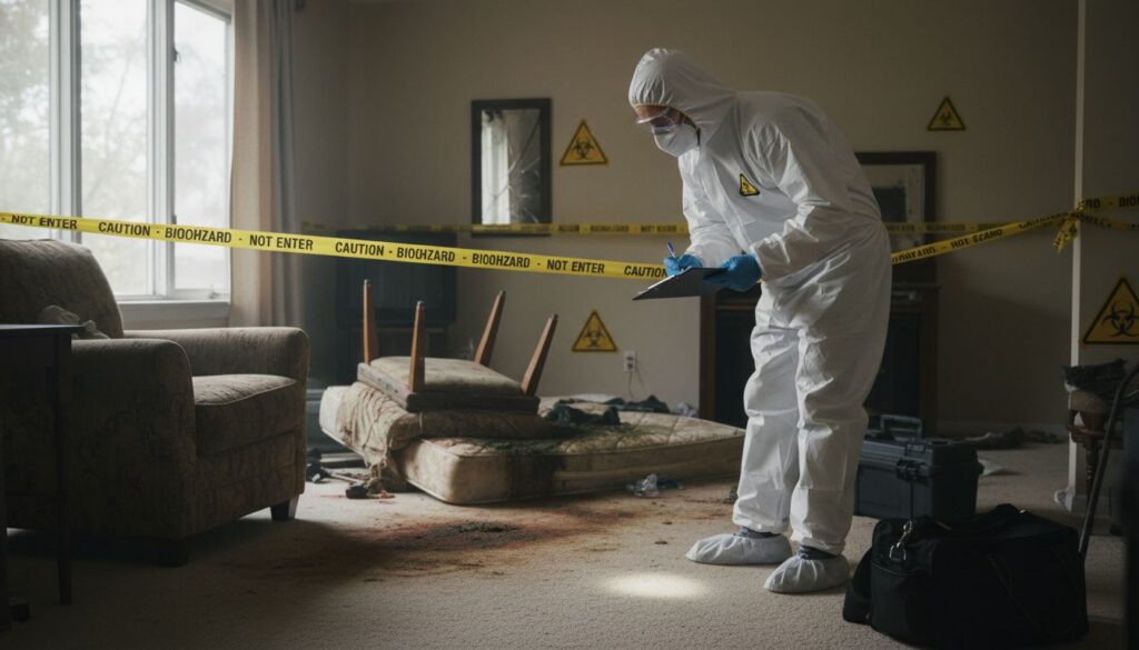 Living room sealed with warning signage and plastic barriers prior to biohazard cleanup, showing clear containment of the affected area