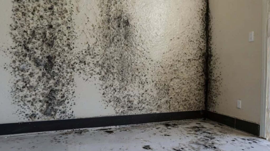 Mold growth discovered behind drywall during inspection