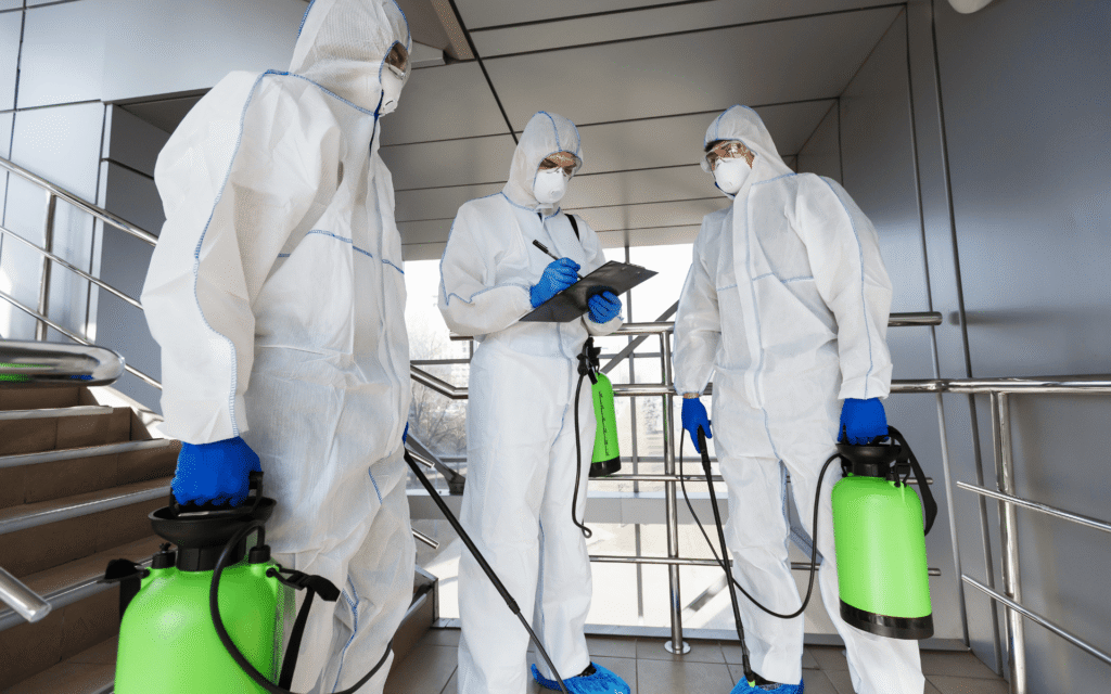 technicians in full personal protective equipment (PPE) performing biohazard cleanup in a South Atlanta residence