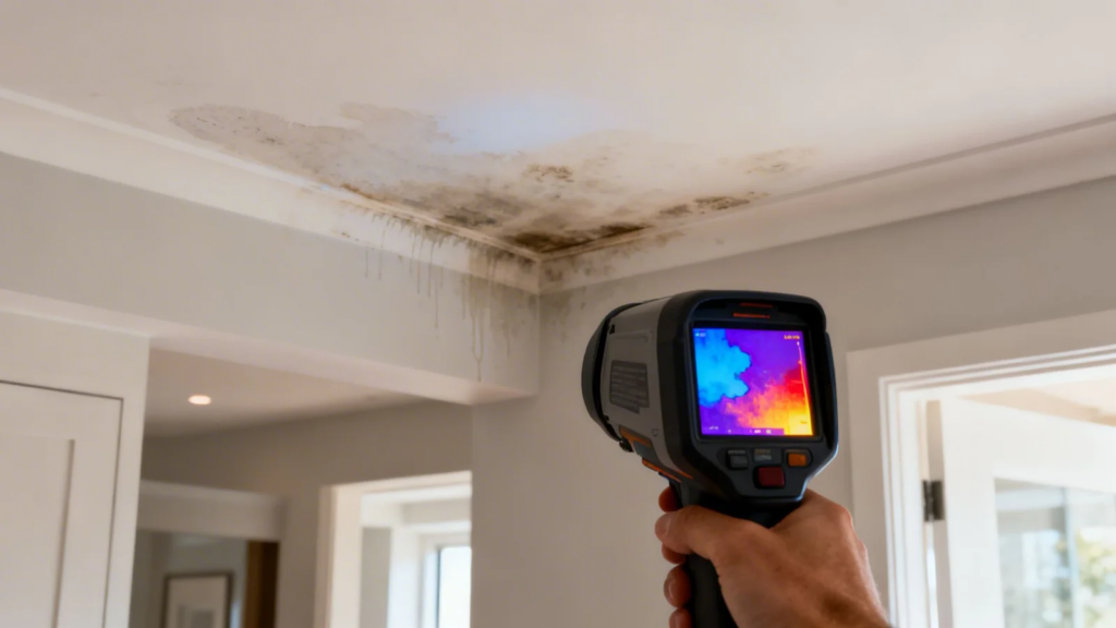 technician using thermal imaging to detect hidden moisture sources for mold remediation in a South Atlanta home