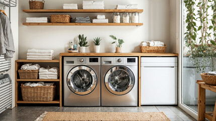 Modern laundry room featuring stacked washing machines, neatly arranged towels, and plants on wooden shelves. water leak