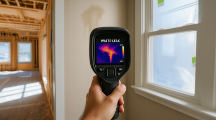 Hand holding a thermal imaging camera displaying a water leak detection in a home under renovation.
