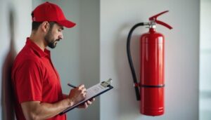 A man in a red uniform checks a home fire safety checklist next to a fire extinguisher on the wall.