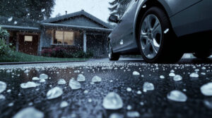 Large hailstones and falling precipitation cover a dark driveway with a car and house spring storm