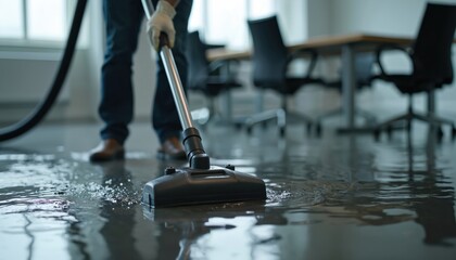 Technician using an extractor wand to remove flooding water from a commercial office after hurricane damage