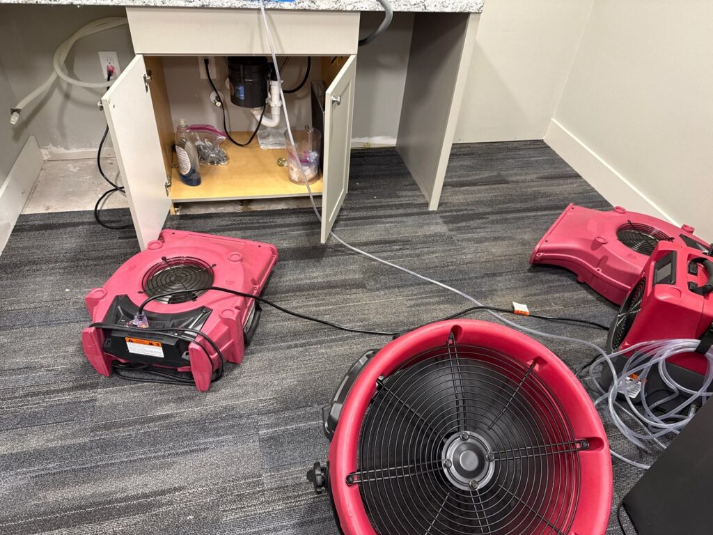 Several red air movers and fans are drying a water-damaged area under an open kitchen sink