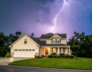 A two-story suburban house is illuminated by a dramatic lightning strike in a dark, stormy sky