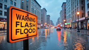A bright orange flash flood warning sign on a wet city street, showing business‑related flash flood risks and roadway safety concerns.