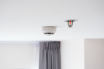 Ceiling‑mounted fire sprinklers and smoke detector providing home fire protection and early suppression.