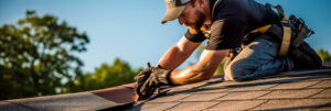 Roofer repairing shingles to prevent a roof leak during an emergency roof inspection