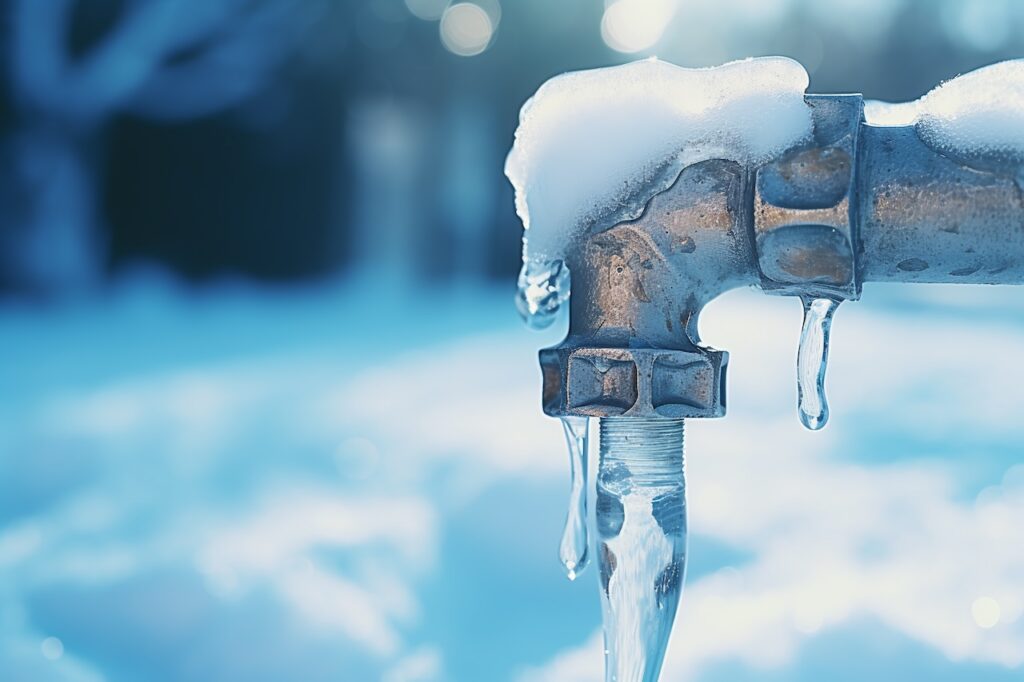 Frozen faucet in winter. Fend off against frozen pipes.