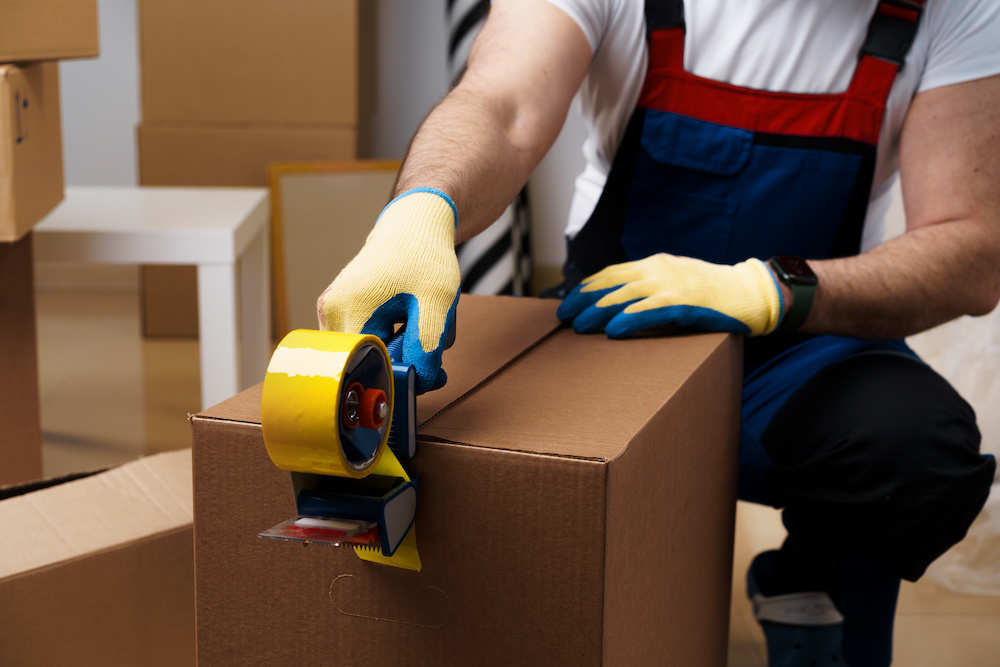 Man in uniform packs up boxes in a Central Southwest Houston home for a pack-out.