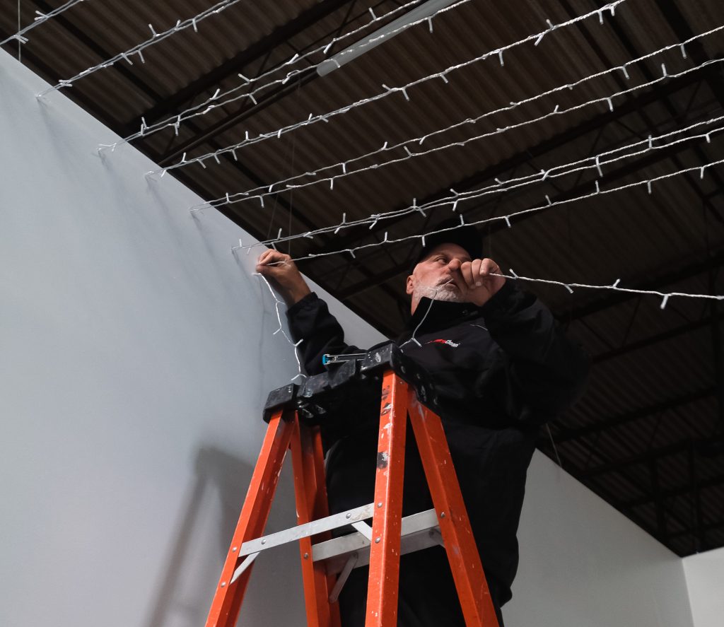 Holiday lights in PuroClean Houston's Warehouse