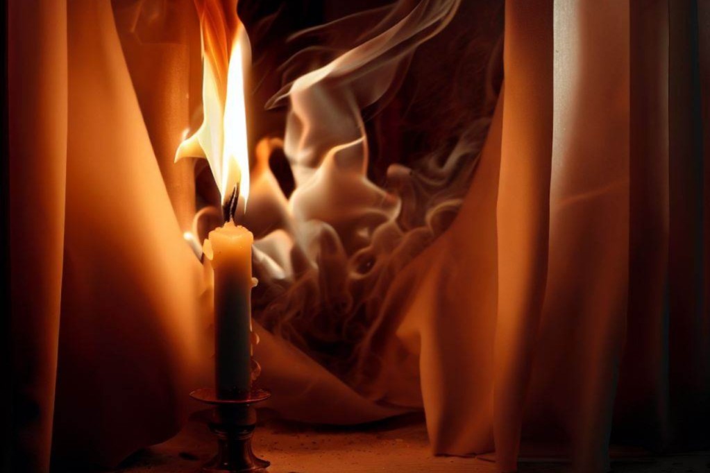 A lit candle placed too close to curtains, causing the fabric to catch fire as flames and smoke rise — illustrating a common household fire hazard.