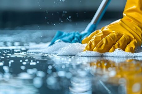 anti-microbial spray for water water damage. person scrubbing floor after flood damage