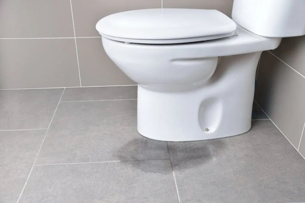 Water leakage from a toilet caused by pipe blockage