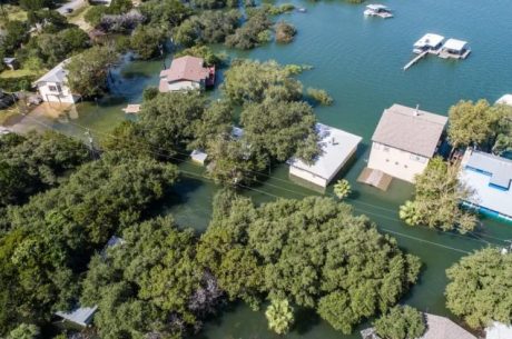Aerial view of severe residential flooding near Long Island, NY after heavy rainstorm causing widespread water damage and requiring emergency restoration services