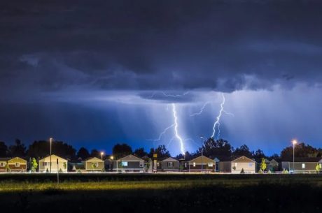 summer storm with intense lightning and wind and rain