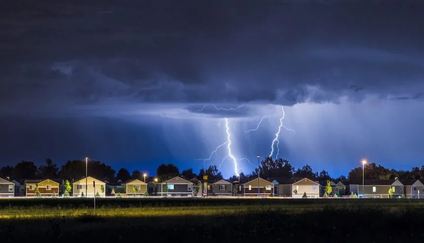 summer storm with intense lightning and wind and rain
