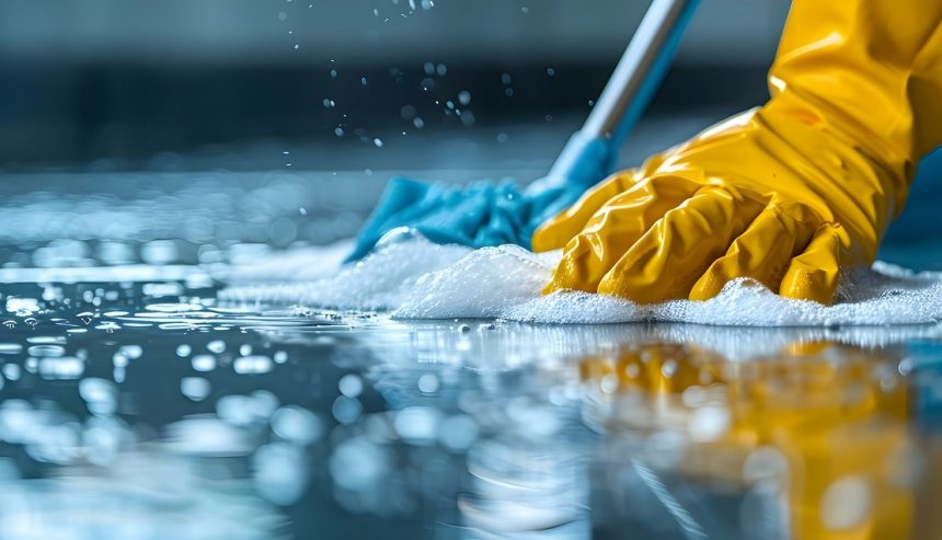 anti-microbial spray for water water damage. person scrubbing floor after flood damage