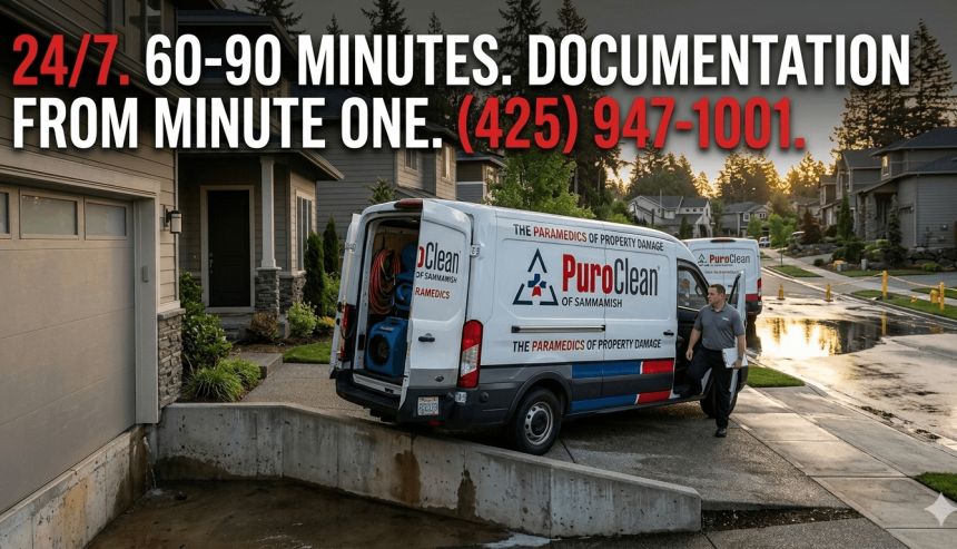 A PuroClean of Sammamish response truck arriving at a residential Plateau property