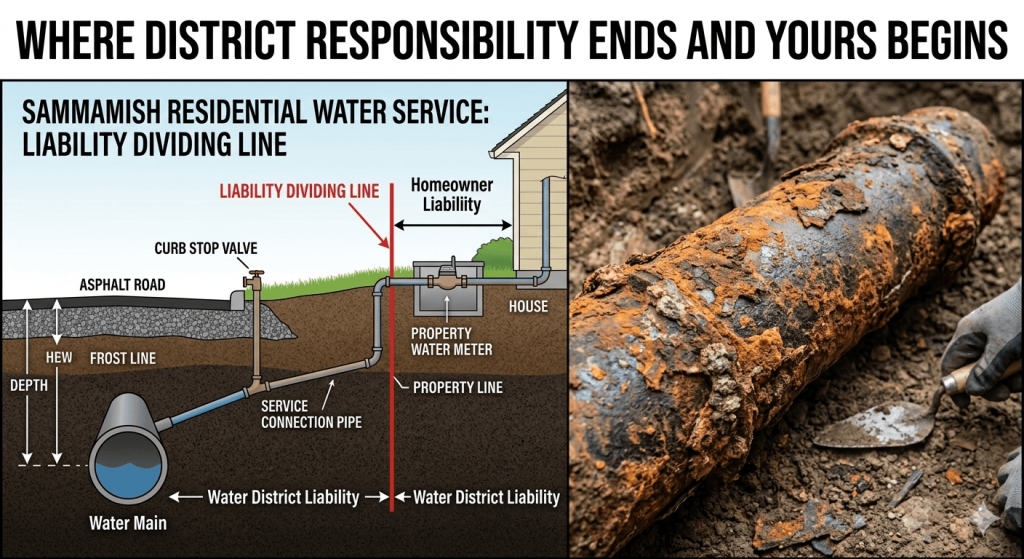 A split-image graphic. Left side a cross-section diagram of a Sammamish residential street showing the water main buried below the frost line, the service connection running from the main to the property meter, and the metercurb stop boundary clearly labeled as the liability dividing line. Right side a close-up photograph of an excavated corroded cast iron main section showing exterior pitting and scale consistent with 40 to 50 years of buried service. Text overlay Where District Responsibility Ends and Yours Begins.
