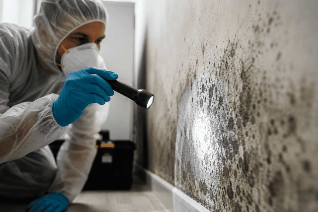Professional inspecting mold growth on indoor wall using flashlight and protective gear