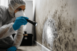 Professional inspecting mold growth on indoor wall using flashlight and protective gear