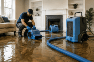 Technician using professional drying equipment to restore water-damaged home interior