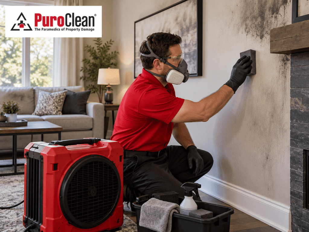 Restoration technician wearing protective gear cleaning soot from a wall beside an air scrubber.
