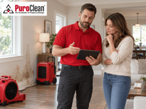 PuroClean restoration professional discussing property damage and restoration options with a homeowner.