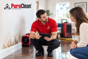 PuroClean technician checking wall moisture and explaining water damage to a homeowner