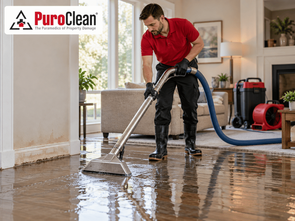 Restoration technician extracting standing water from a living room floor after a leak, with the PuroClean logo.