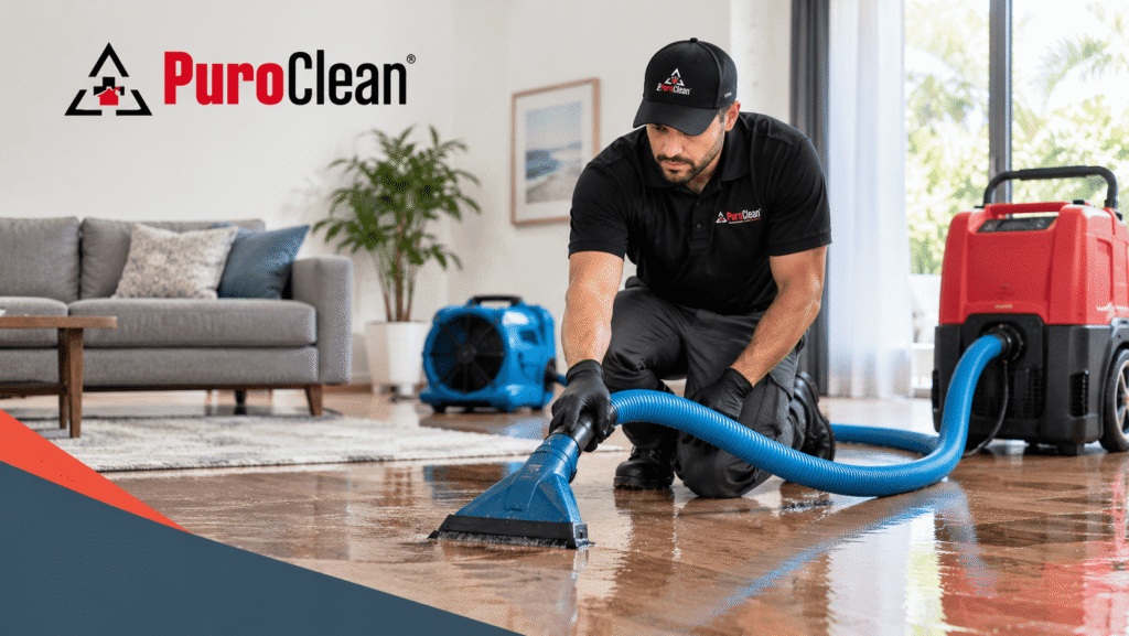 PuroClean technician extracting water from a residential floor during water damage restoration in Jacksonville, Florida.