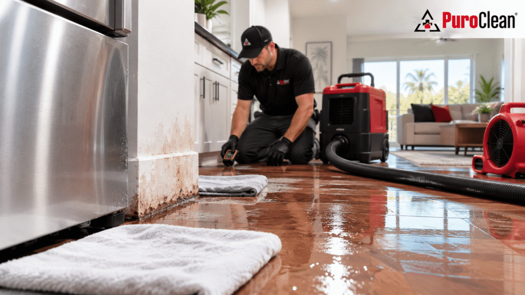 PuroClean technician inspecting water damage and wet flooring inside a residential home.