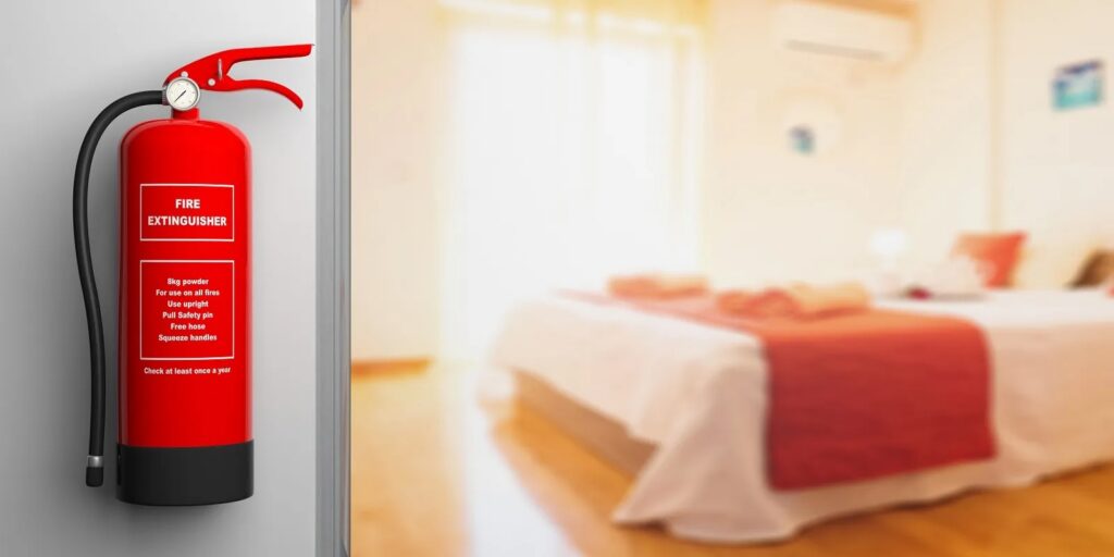 A red fire extinguisher mounted on a wall next to a softly lit bedroom with a white bed and colorful decor.