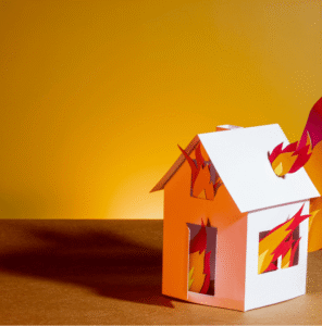 illustration of a house on fire, which will lead to extensive water damage