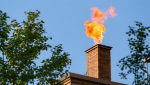 Brick chimney with flames shooting out the top, a source of chimney fire smoke damage