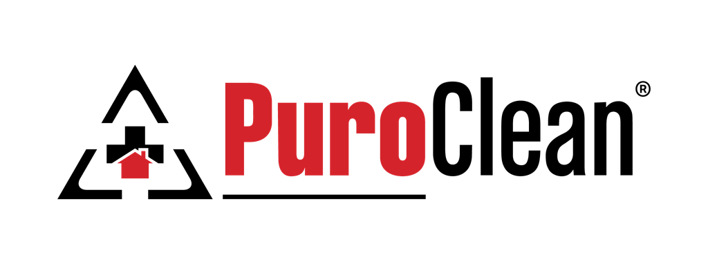 The PuroClean logo features a red house and cross within a black triangular icon, next to the