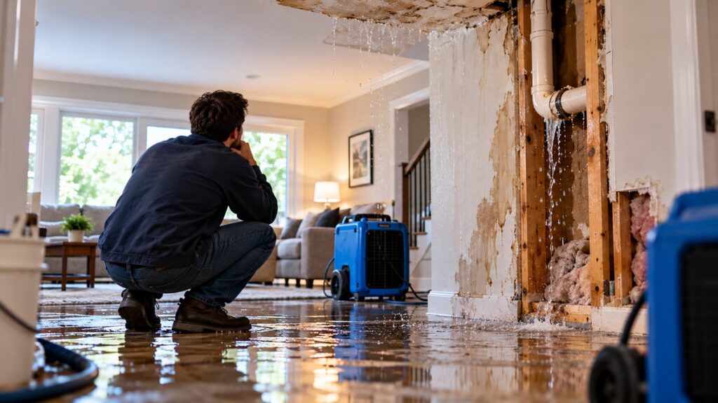 Man squats observing significant water damage from a ceiling leak and exposed pipe in his home. TITLE