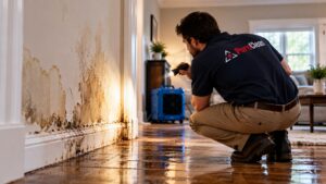 A PuroClean technician inspects a severely water-damaged wall and wet wooden floor with a flashlight.