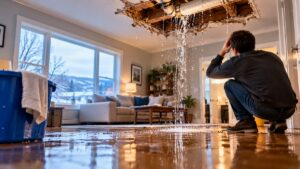 A man crouches, observing water pouring from a burst pipe in his living room ceiling.