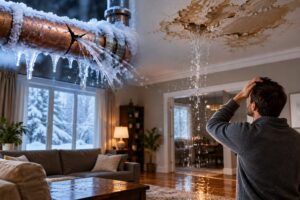 A frozen, burst pipe sprays water while a man looks at a severely leaking, water
