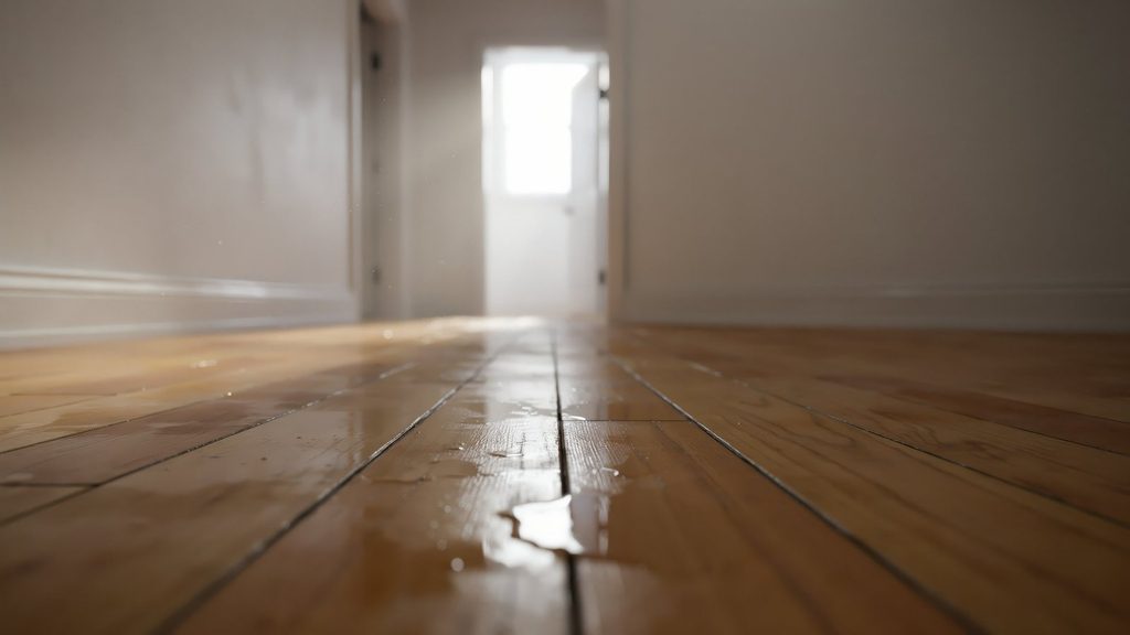 Water pooling along the seams of a hardwood floor in an empty hallway