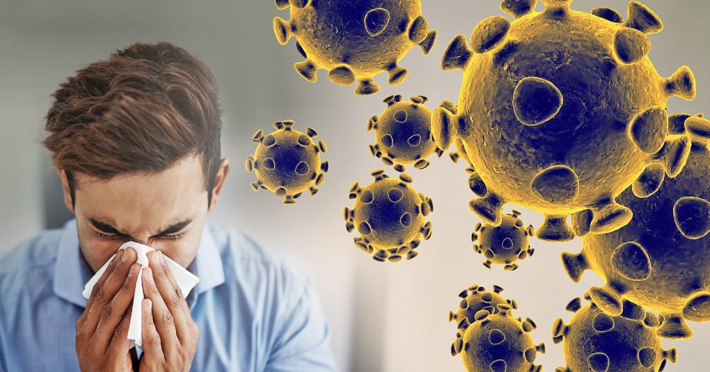COVID virus and man sneezing