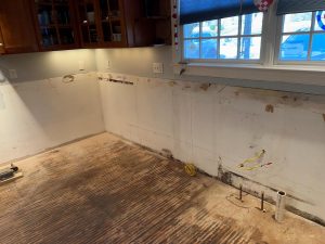Kitchen cabinetry has been removed for a kitchen restoration.