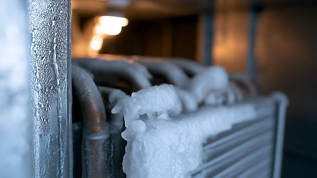Heavily frosted refrigeration coils are covered in thick ice and condensation, with a warm light in the