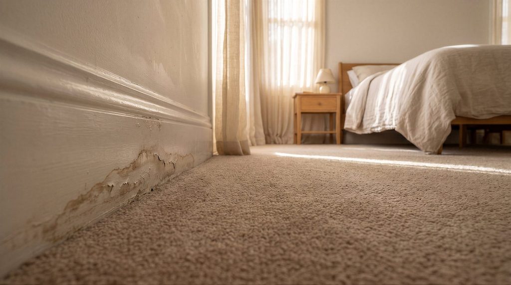 Peeling paint and water stains show significant damage on a bedroom wall's baseboard above