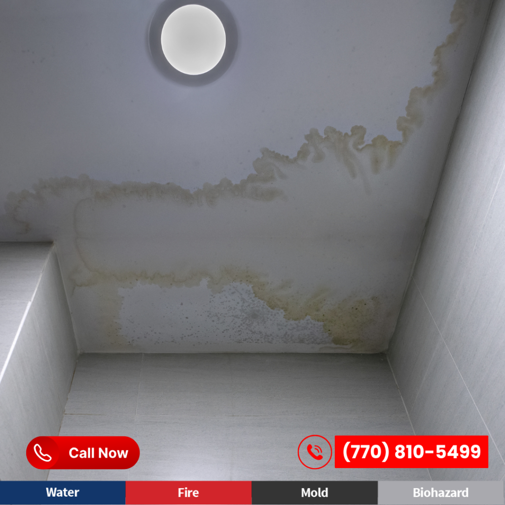 Commercial property showing water damaged ceiling, commonly found in multitenant buildings. Commercial water damage restoration in Lawrenceville.